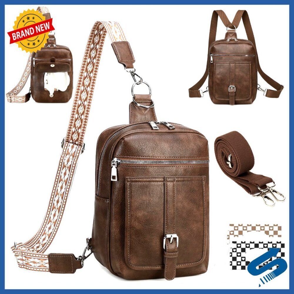 Leather Sling Bag Crossbody Backpack 2-in-1 Fanny Pack Adjustable Straps Chic